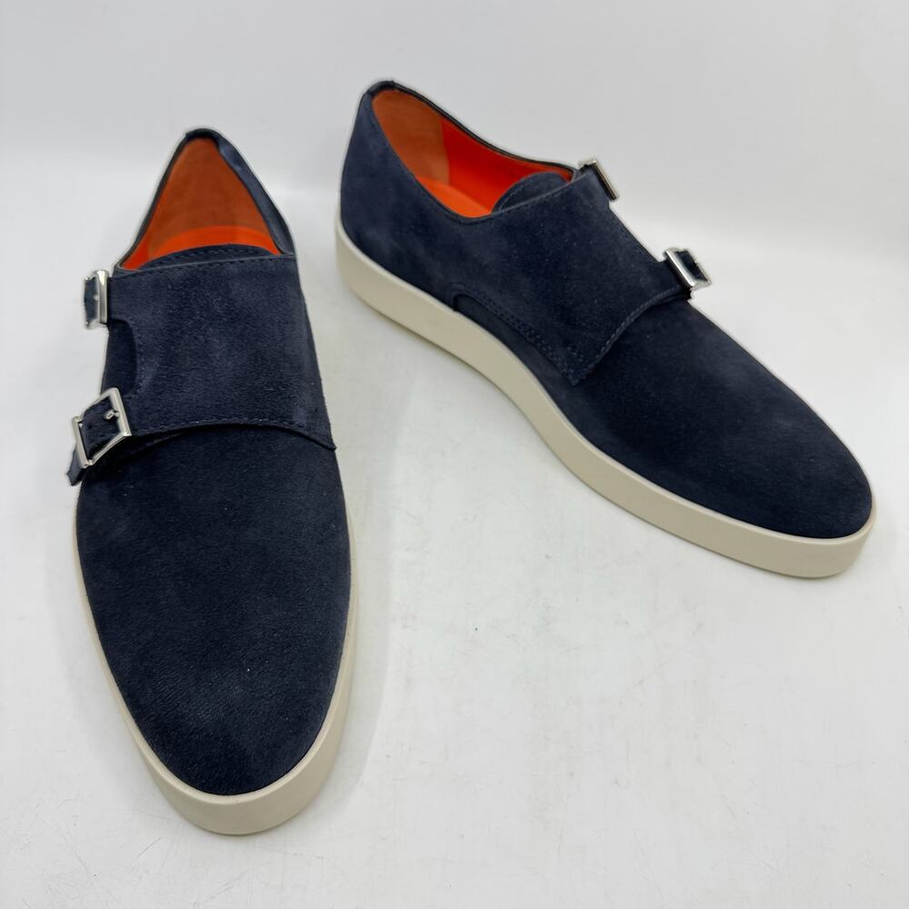SANTONI Atlantis Suede Monk Strap Shoes in Navy